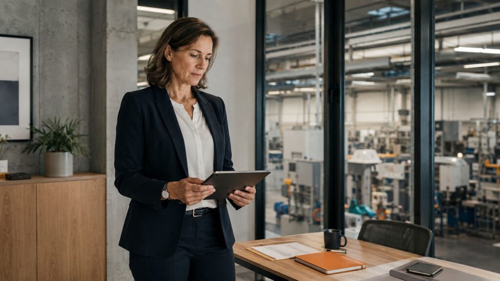 Eine CFO eines Mittelstaendlers prueft Kennzahlen am Tablet