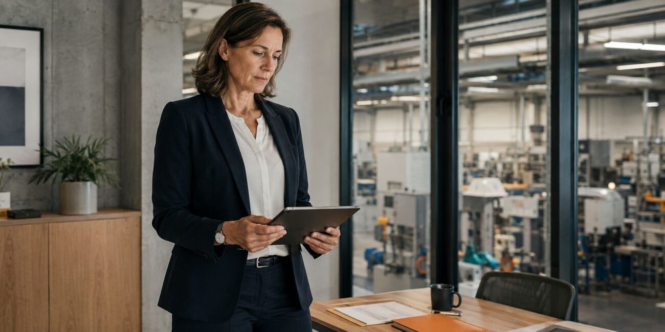 Eine CFO eines Mittelstaendlers prueft Kennzahlen am Tablet