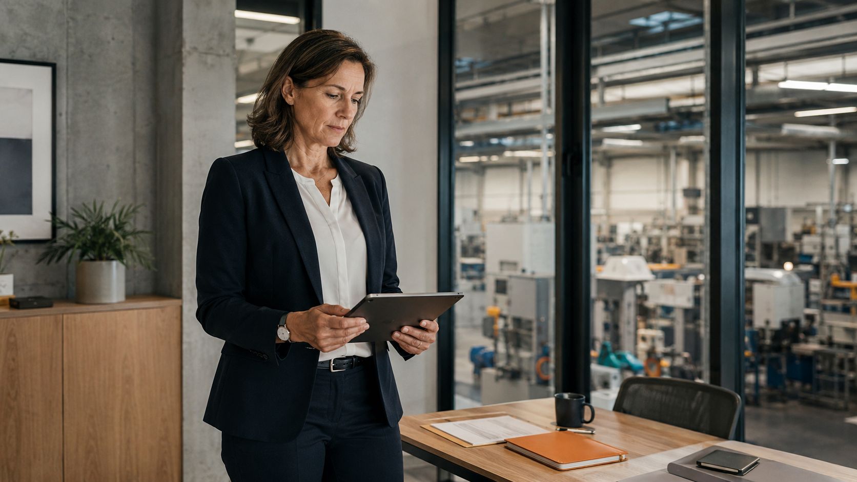 Eine CFO eines Mittelstaendlers prueft Kennzahlen am Tablet