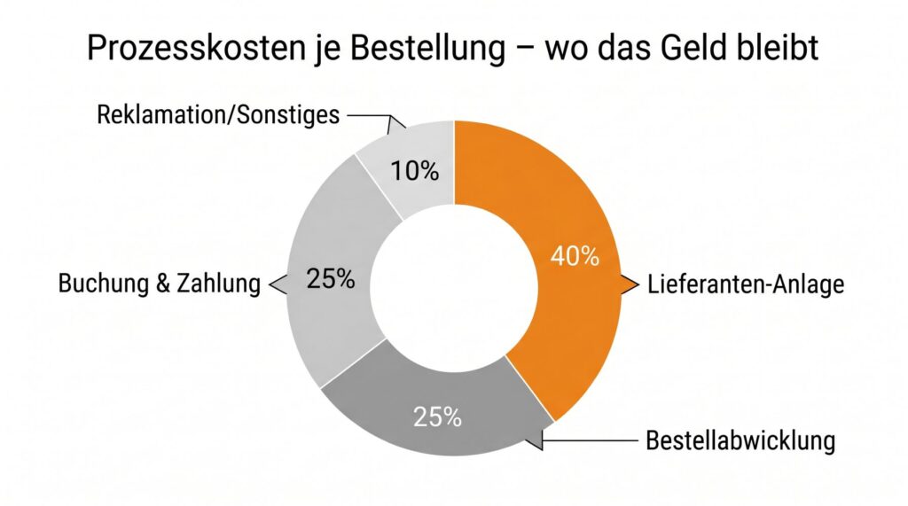 Aufschluesselung der 97 Euro Prozesskosten pro Bestellung in Anteile fuer Lieferantenanlage, Bestellabwicklung, Rechnungspruefung und Buchung