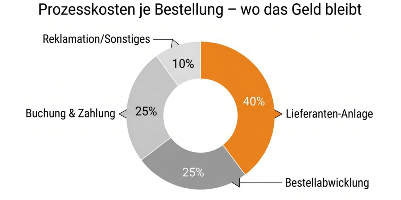 Aufschluesselung der 97 Euro Prozesskosten pro Bestellung in Anteile fuer Lieferantenanlage, Bestellabwicklung, Rechnungspruefung und Buchung