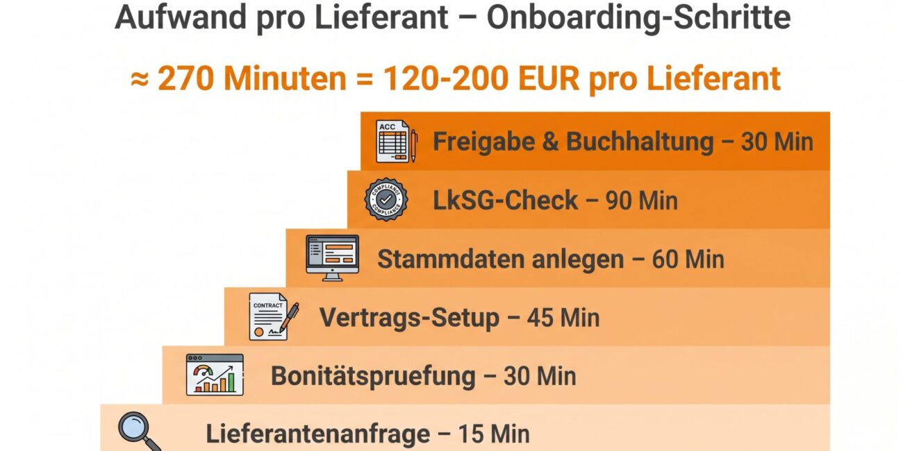 Lieferanten-Onboarding-Prozess mit kumuliertem Stundenaufwand pro Schritt zeigt warum jeder neue Lieferant 120 bis 200 Euro kostet