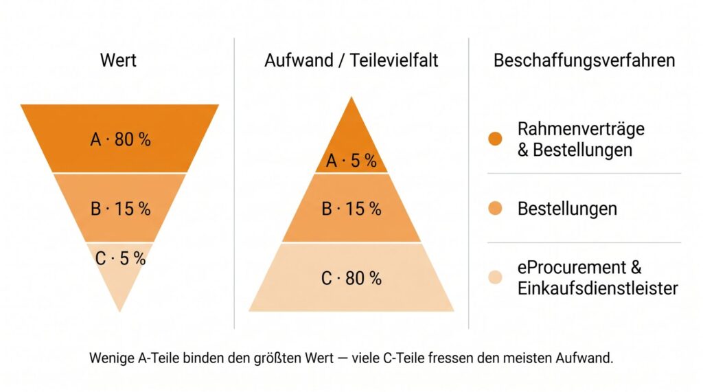 Pyramidische Darstellung der A B C Teile mit Volumen Anteil Prozessaufwand und Empfehlung