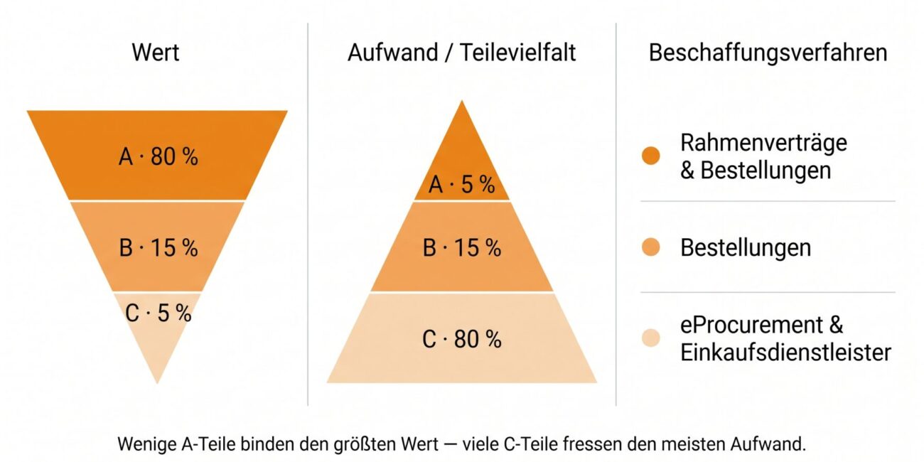 Pyramidische Darstellung der A B C Teile mit Volumen Anteil Prozessaufwand und Empfehlung