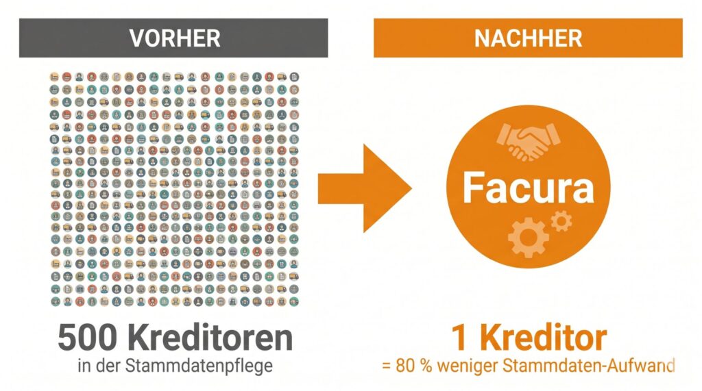 Vorher 500 Kreditoren im ERP nachher 1 Kreditor nach Einsatz von Facura