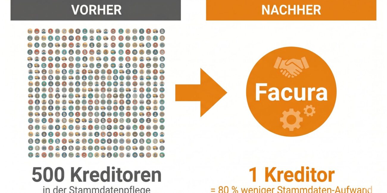 Vorher 500 Kreditoren im ERP nachher 1 Kreditor nach Einsatz von Facura