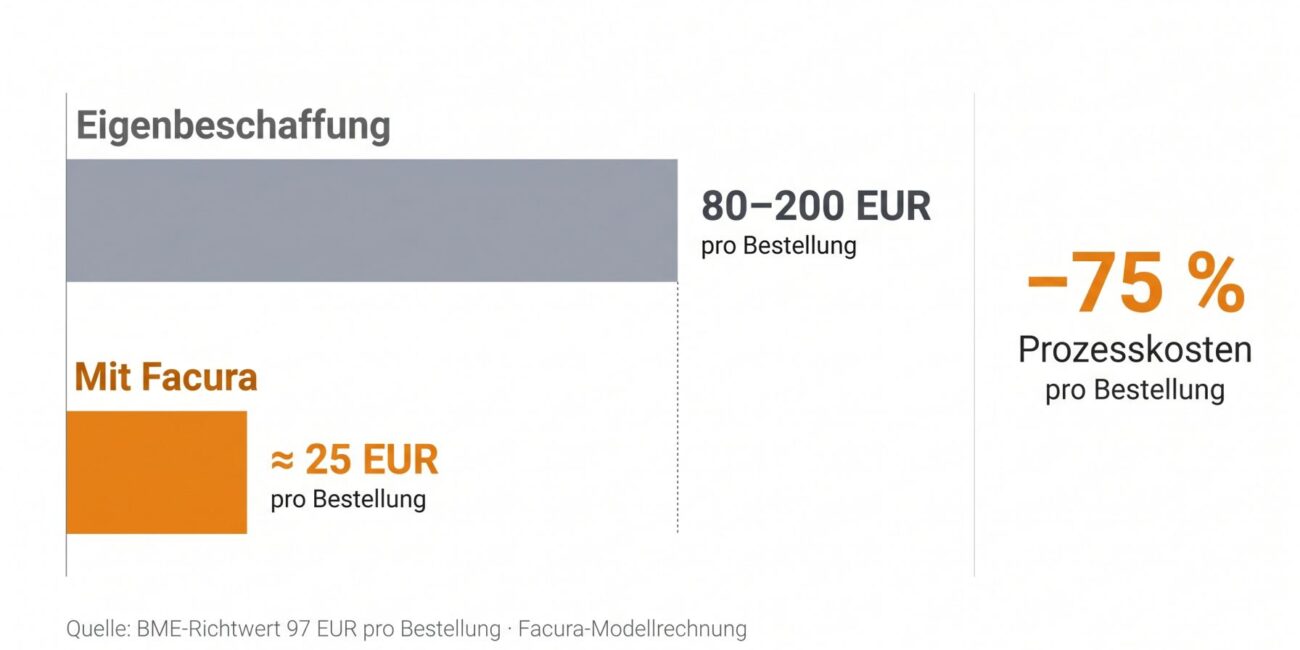 Bar-Chart Prozesskosten pro Bestellung vorher 97 Euro nachher 25 Euro mit Facura - 74 Prozent Reduktion
