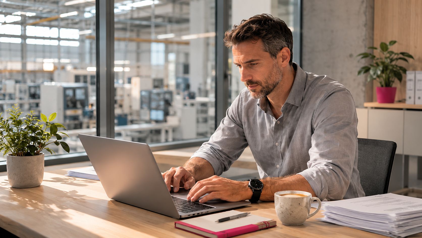 Einkaufsleiter eines deutschen Mittelstaendlers arbeitet konzentriert in seinem Buero