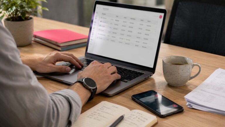 Hand eines Einkaufsspezialisten bei der operativen Beschaffung am Laptop