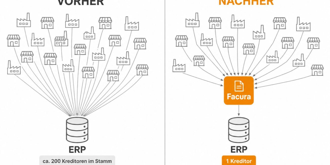 Vorher viele Kreditoren im ERP, nachher ein einziger Kreditor (Facura) – Visualisierung des 1-Kreditor- Modells